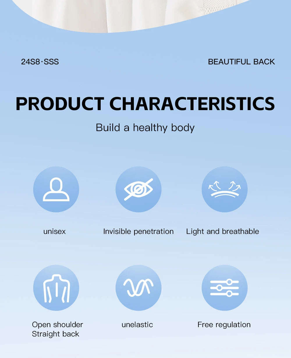 Product characteristics of PostureAura™ brace: unisex, breathable, open shoulder design for better posture.