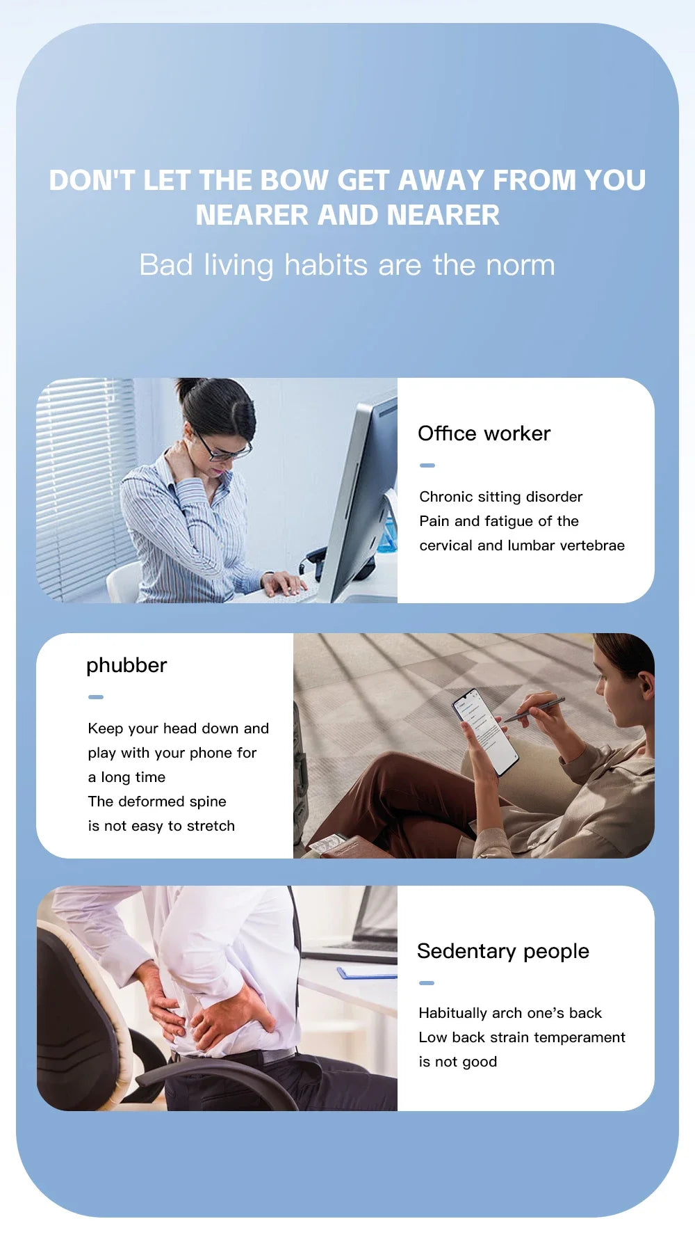 Infographic highlighting posture issues for office workers, phubbers, and sedentary people with descriptions of related pains.