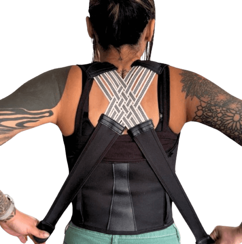 PostureAura adjustable back brace on a person, designed for improved posture and back support.