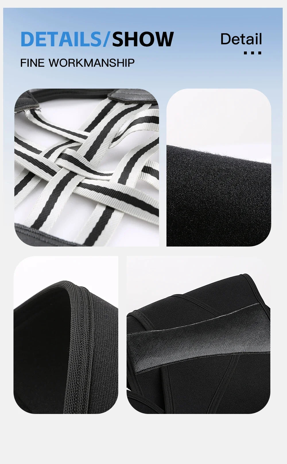 Close-up details of the PostureAura back brace showing straps and fine workmanship for adjustable support.