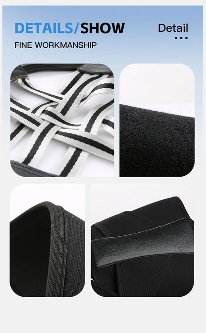 Close-up details of the PostureAura back brace showing straps and fine workmanship for adjustable support.
